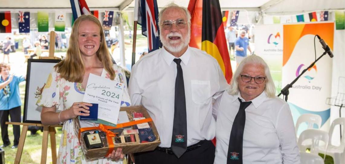 Image of the Wingecarribee Shire Citizen's and Young Citizen of the year Mackenzie Isedale, Denis Purcell and Uta Purcell