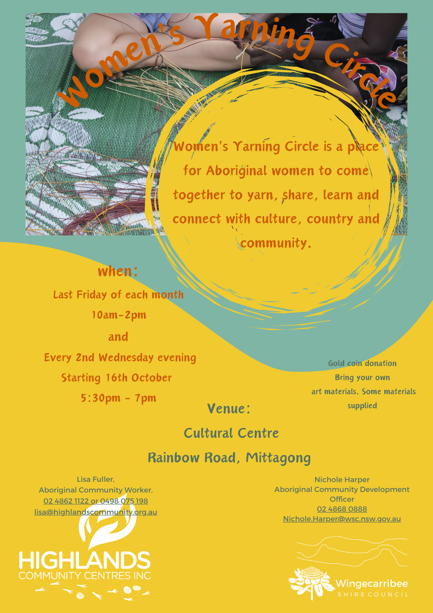 Wingecarribee Shire Council and Highlands Community Centre Women's Yarning Circle Flyer image