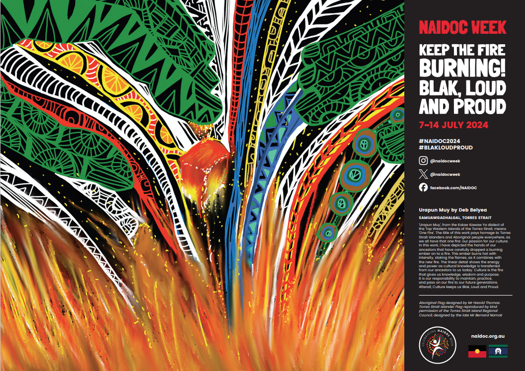 Naidoc Week Poster for Naidoc Week 2024 - Poster Credit: The 2024 National NAIDOC Poster incorporating the Aboriginal Flag and the Torres Strait Islander Flag (licensed by the Torres Strait Island Council).