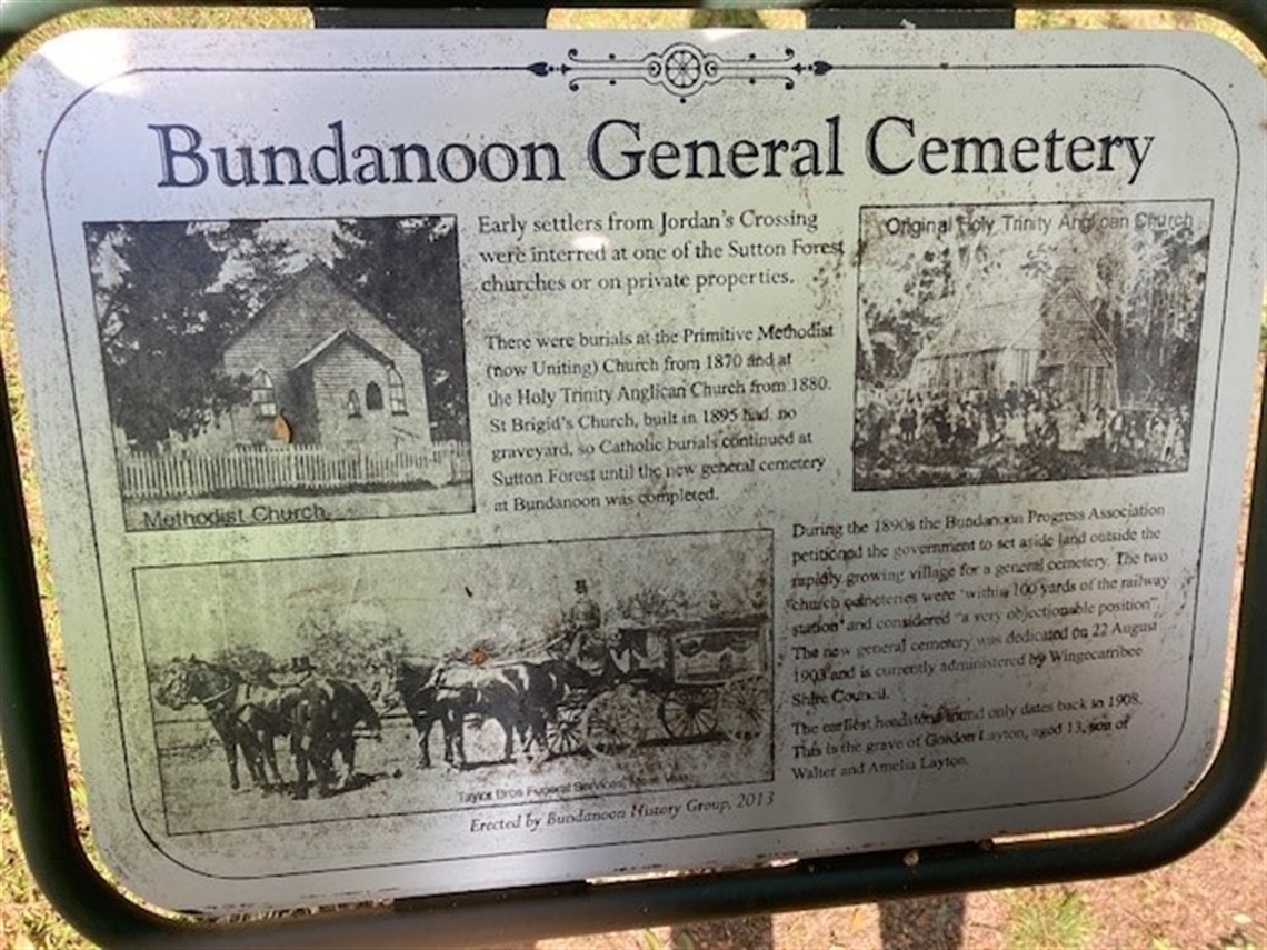 Image of sign at Bundanoon Cemetery with some history of the Cemetery