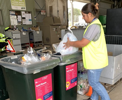 Image of women from RRC in Moss Vale recycling soft plastics as part of the trial.