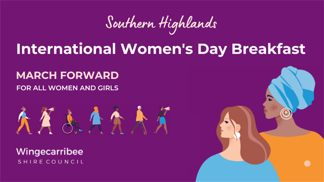 Southern Highlands International Women's Day Breakfast event purple background with women illustrations. Text includes 