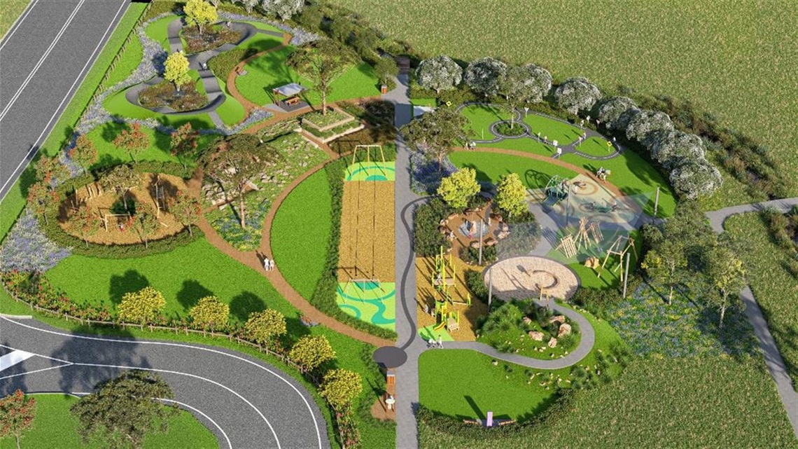 Birds eye concept image of large new playspace featuring multiple play areas at David Woods Playing Fields Bowral