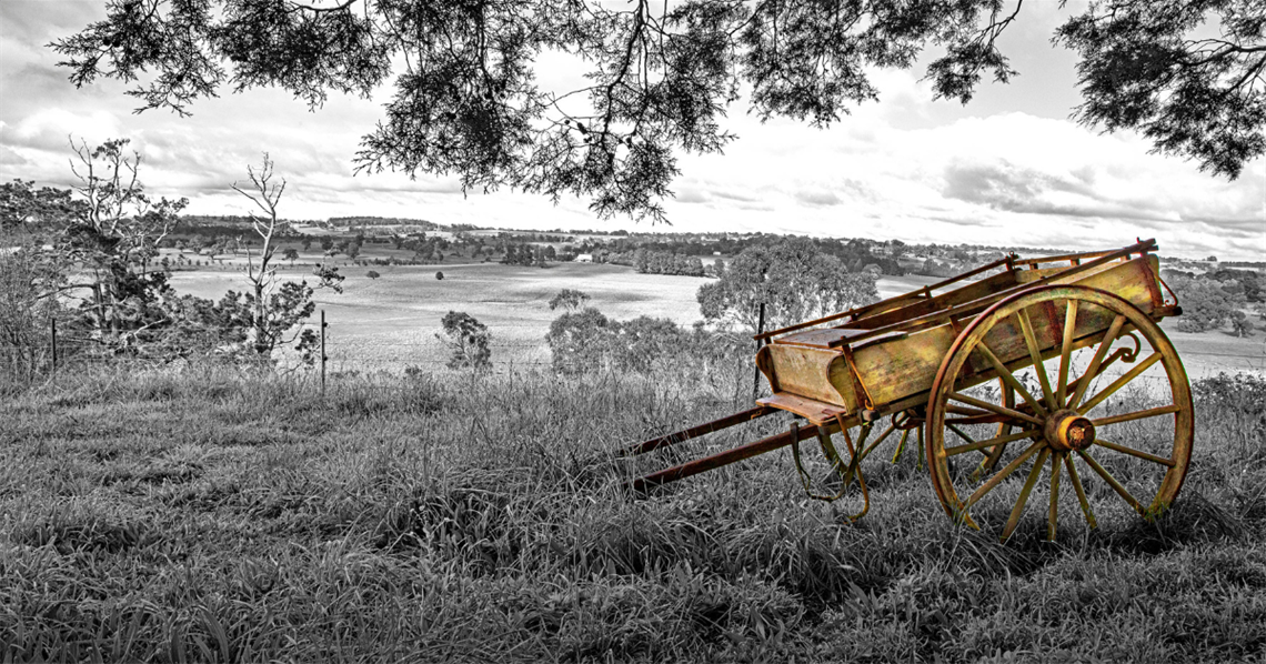 Black and white photo of Highlands landscape with yellow wheel barrow in bottom right foreground. Photo by Richard Batterley.