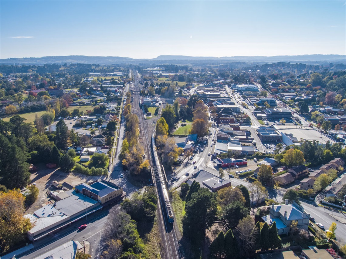 Aerial View of moss Vale over train tracks