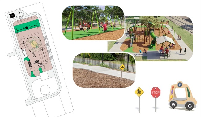 Collage of play space design 'option b' featuring two artist impressions of equipment and example photo of learn to ride/skate track and design plan