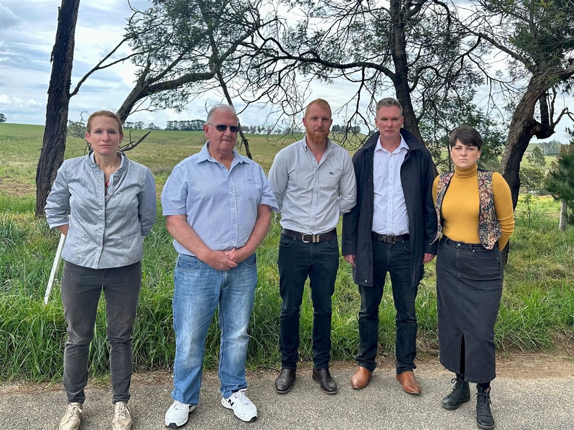 Five Councillors at proposed rural land of Moss Vale Plastics Recycling Centre: Councillor Rachel Russel, Councillor James Farrell, Mayor Jesse Fitzpatrick, Councillor David Kent, Councillor Heather Champion.