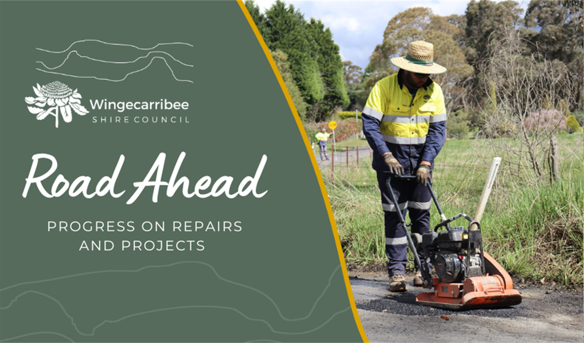 WSC Branded graphic reads 'Road Ahead - Progress on Repairs and Projects' with crew member using machine to fix pothole