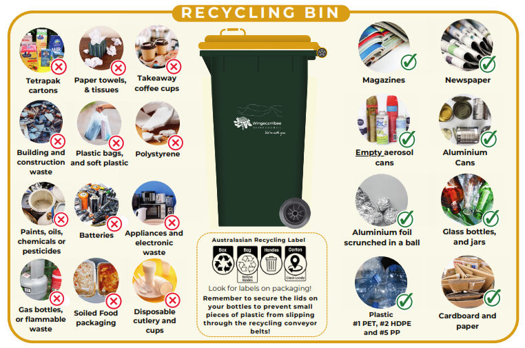 What goes in the Yellow lid recycling residential bin graphic