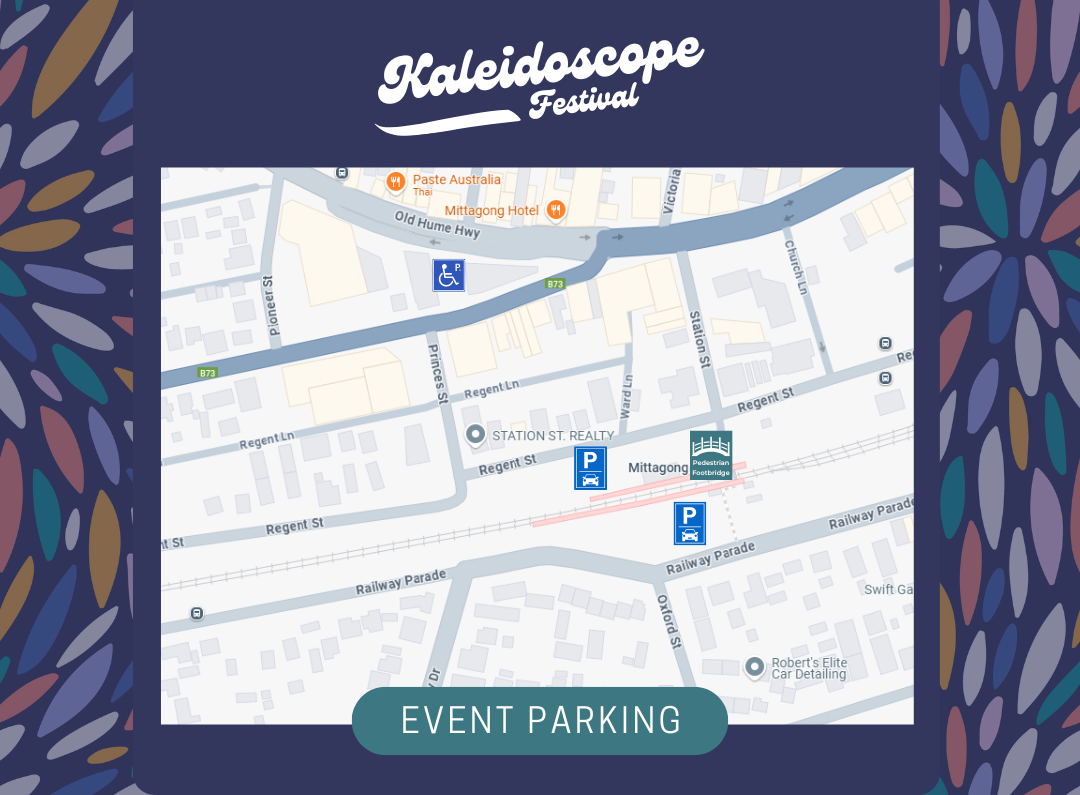 Image of map with locations marked for parking at the Wingecarribee Shire Council Kaleidoscope Festival takin place on 16 November 2024 in Mittagong