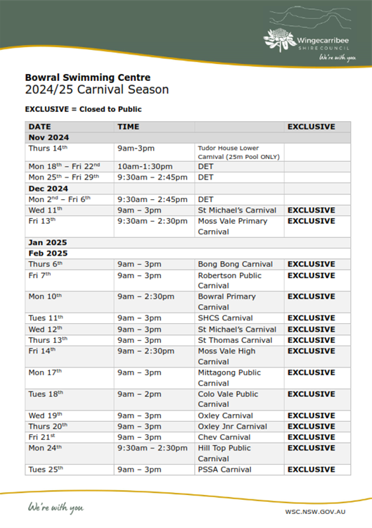 Photo of the Bowral Swimming Centre 2024/25 School Carnival Season PDF