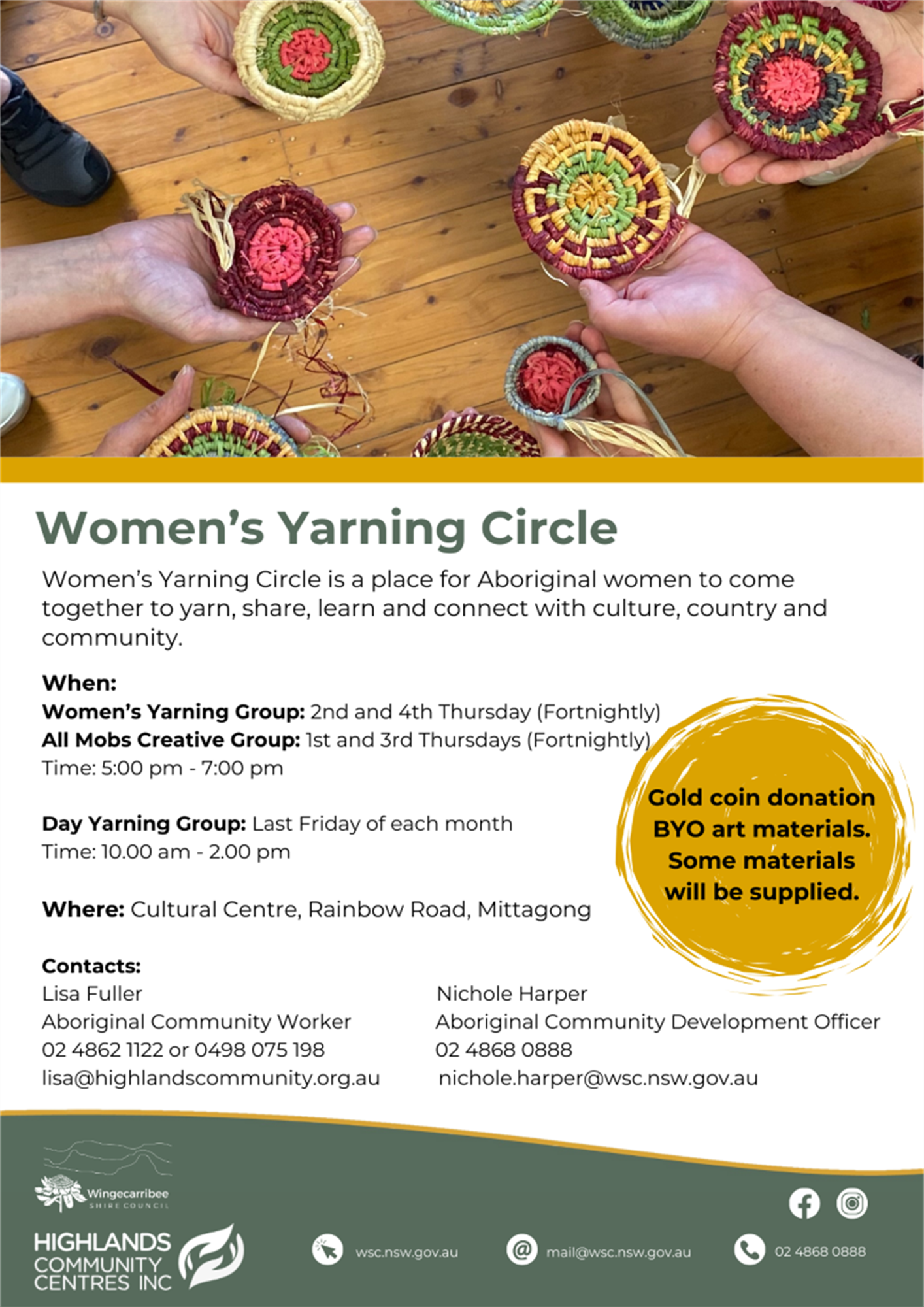 Wingecarribee Shire Council and Highlands Community Centre Women's Yarning Circle Flyer Image