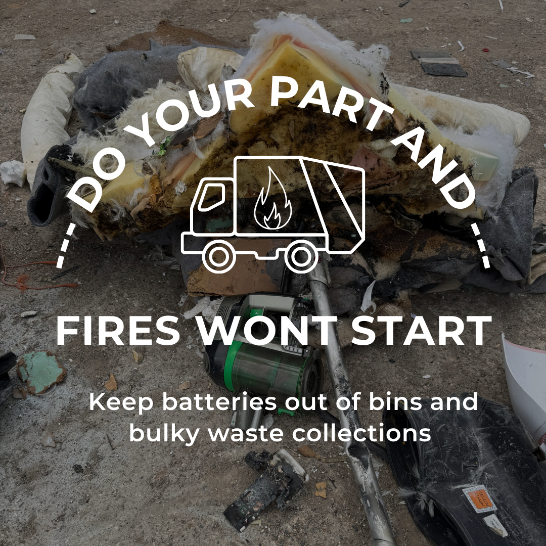 Keep batteries out of bins image to highlight the fire risk caused.