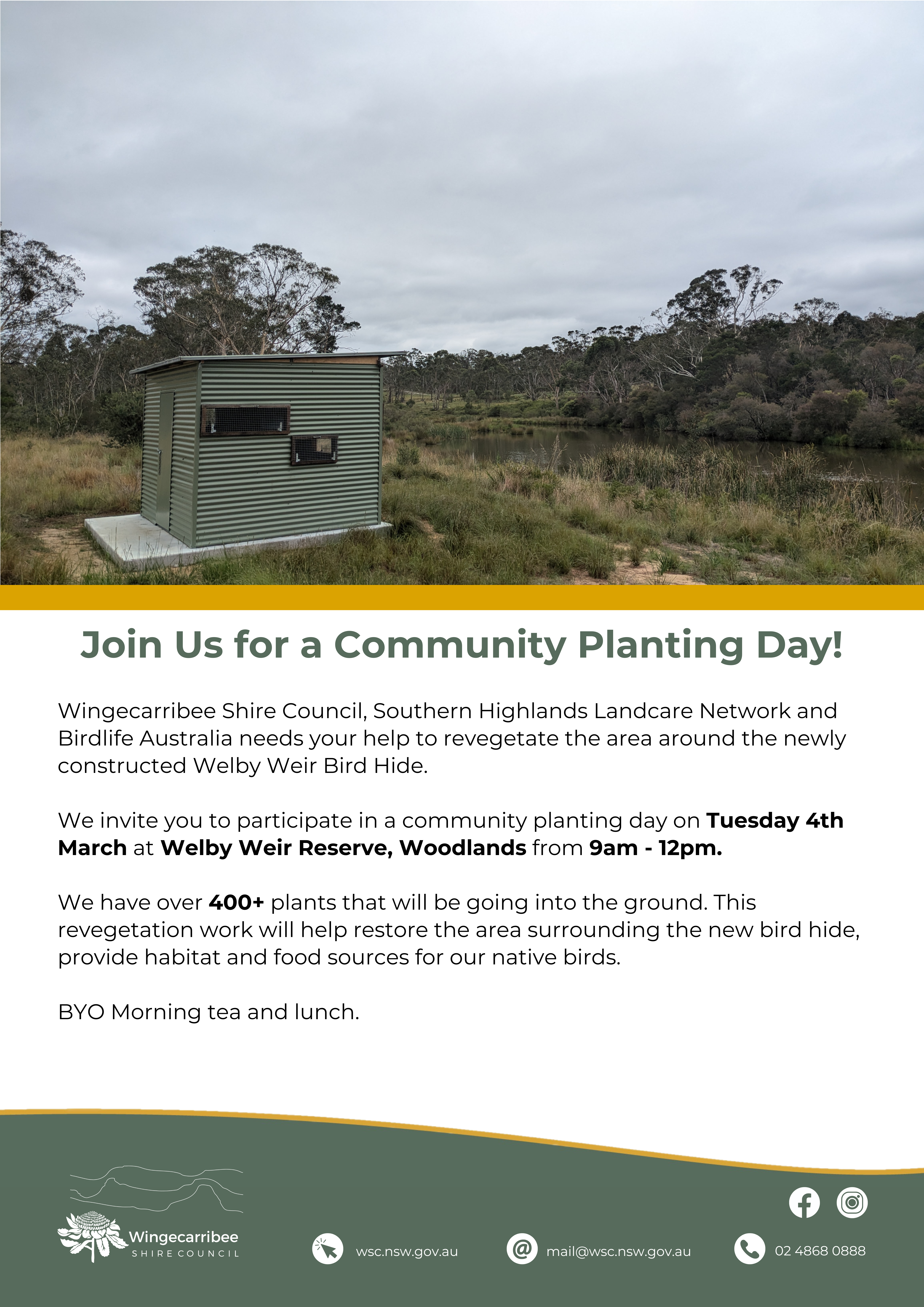 Image of flyer for Community Planting day including bird hide at Welby Weir Reserve, Welby