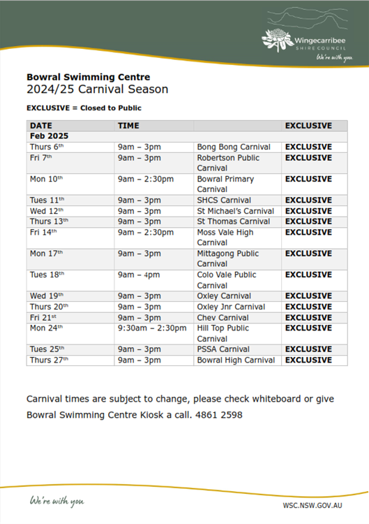 Photo of the Bowral Swimming Centre 2024/25 School Carnival Season PDF